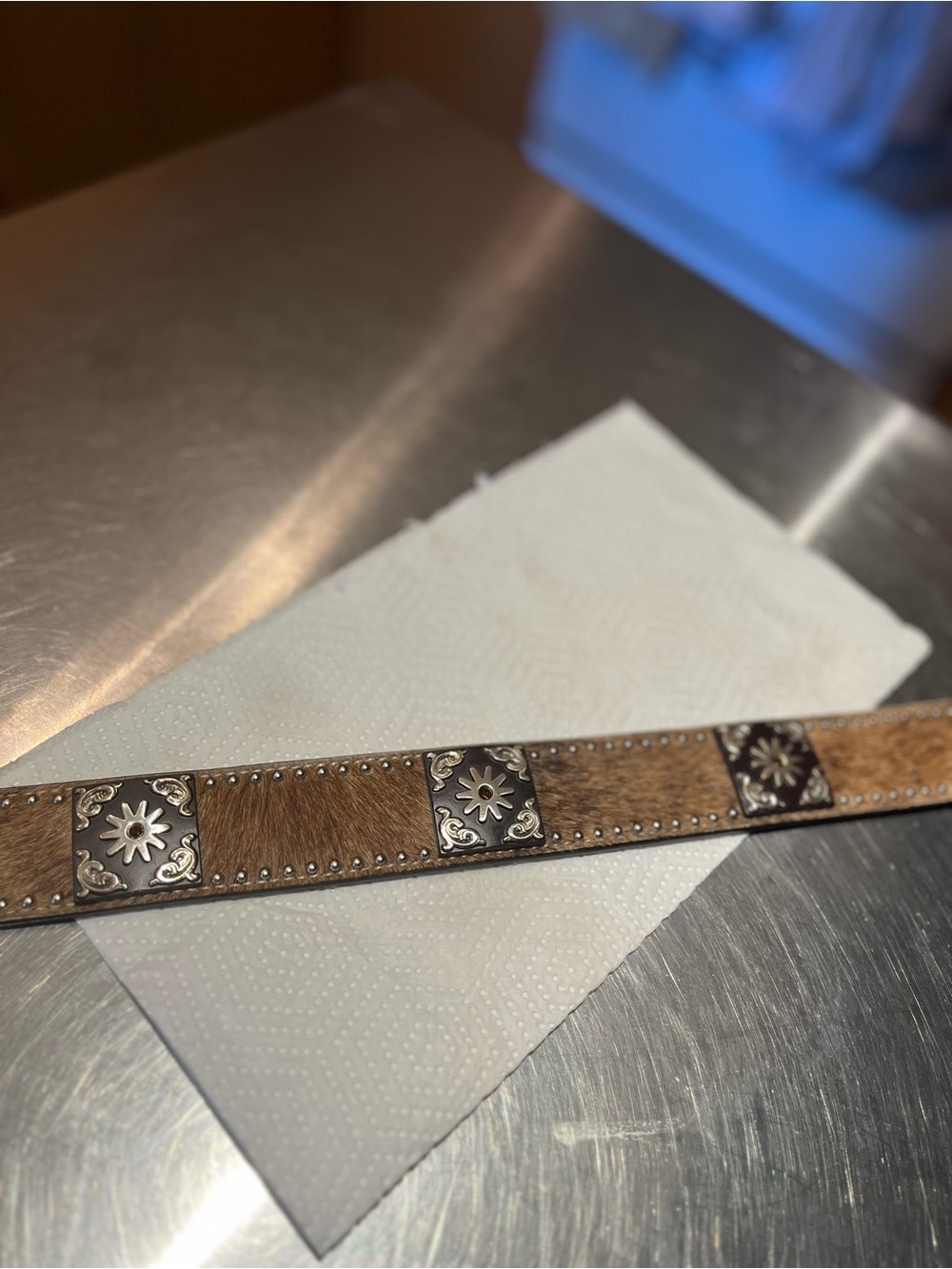 Men's 42 hair on hand tooled Leather Belt with removable Chicago screw conchos